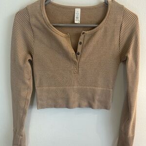 Offline by Aerie Waffle Henley Cropped Long Sleeve in Tan